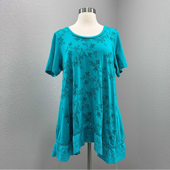 LOGO by Lori Goldstein Embroidered Top with Eyelet Hem - Picture 1 of 12